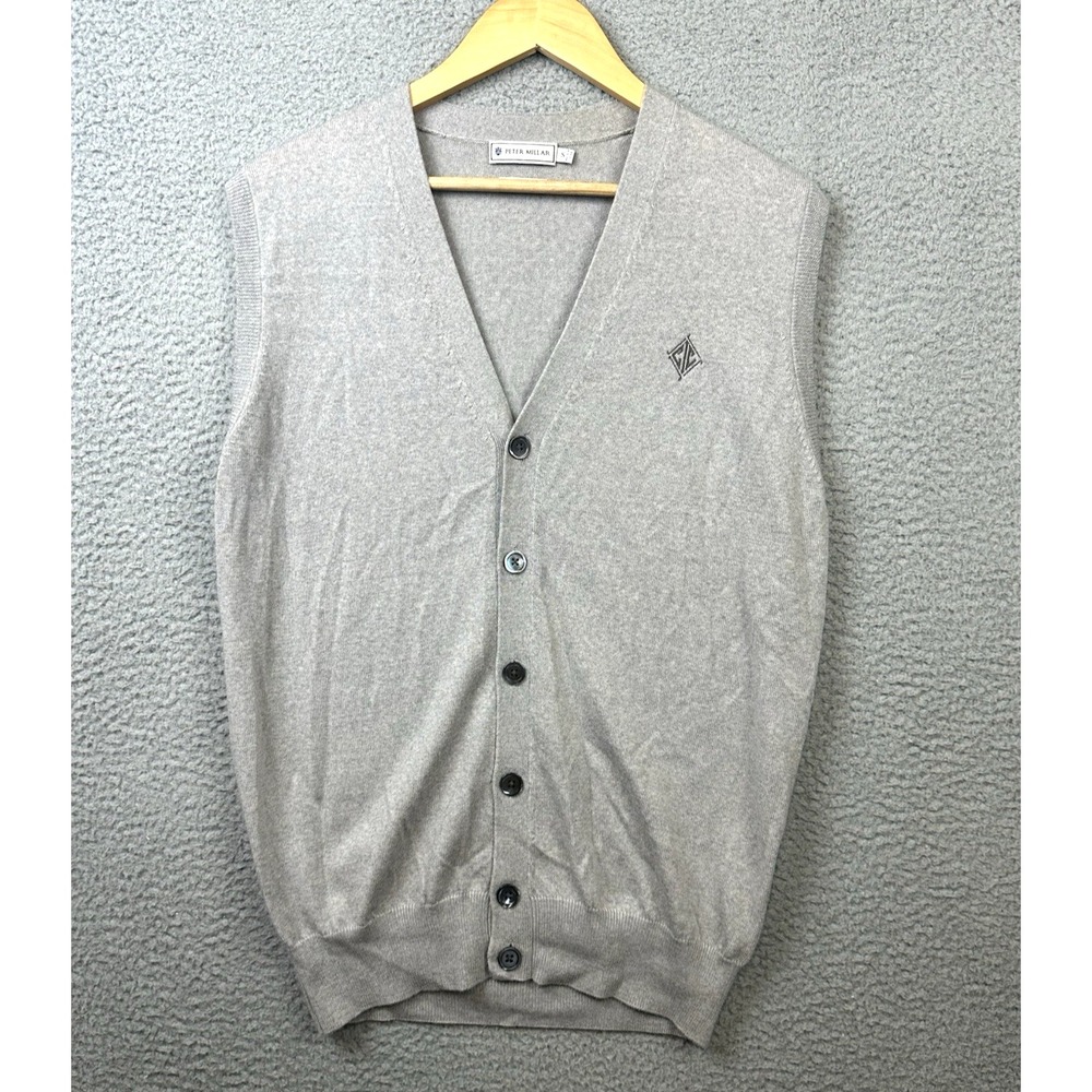 Peter Millar Sweater Vest Mens Small Gray 100% Italian Merino Wool Logo